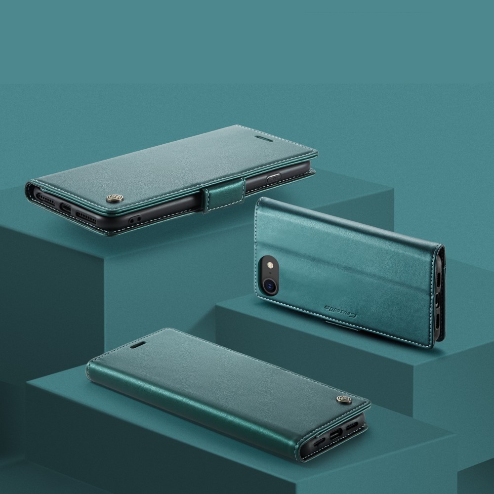 iPhone SE (2022/2020) / 8 / 7 / 6S Leder Tasche Flip Wallet Etui mit Kartenfächern Litchi Look (RFID Schutz) - Grün
