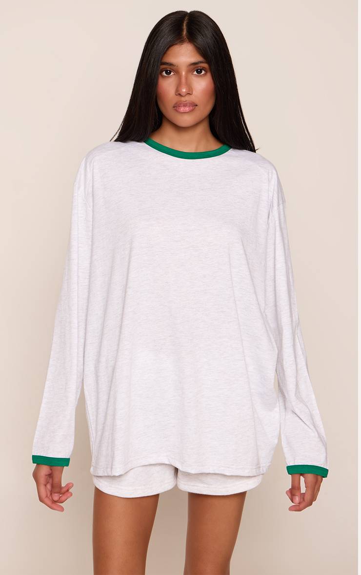 Gris Cendré T-shirt Oversize Manches Longues En Coton Avec Poignets Contrastés
