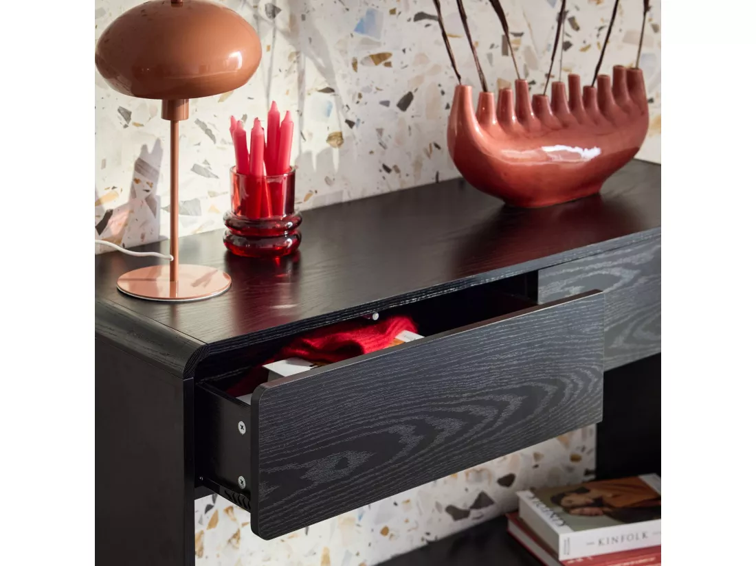 Console 2 tiroirs. 1 étagère. effet bois noir arrondi