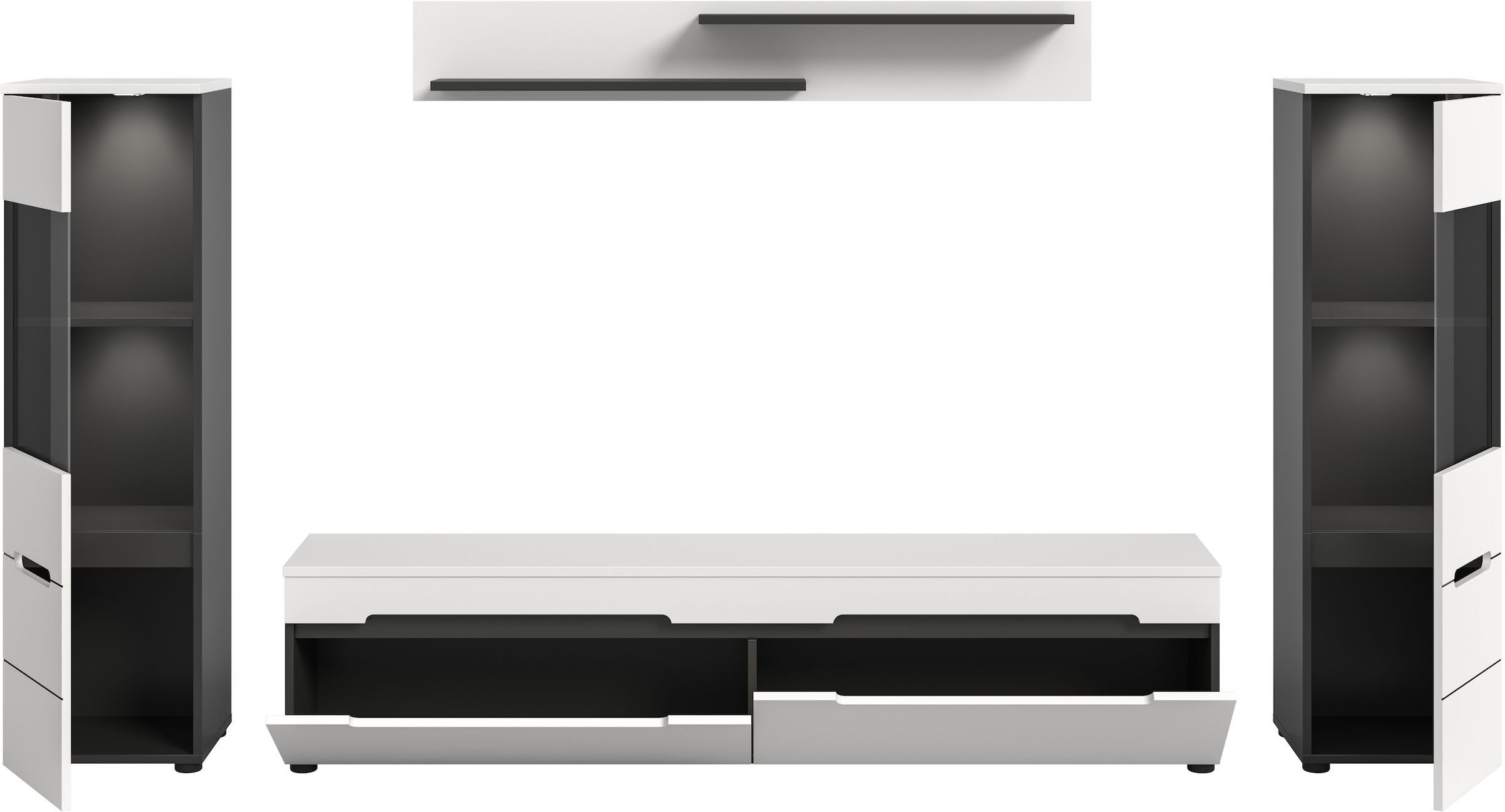INOSIGN Wohnwand »REHAT, TOPSELLER!, 4-teilig, inkl. Beleuchtung, stehend oder hängend« Set bestehend aus: 2x Vitrine inkl. Beleuchtung, Lowboard & Wandboard, 4 Stk. tlg.