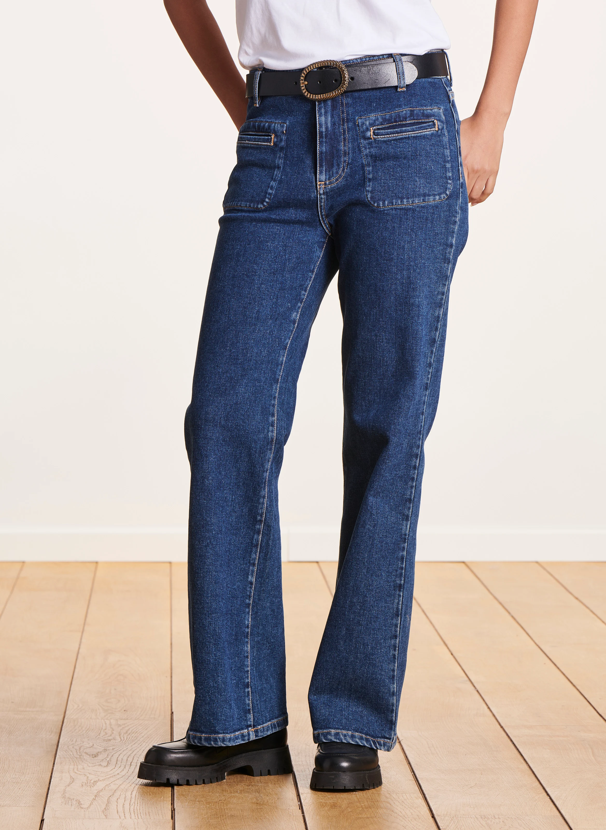 Jean bootcut taille haute en coton mélangé| Bleu