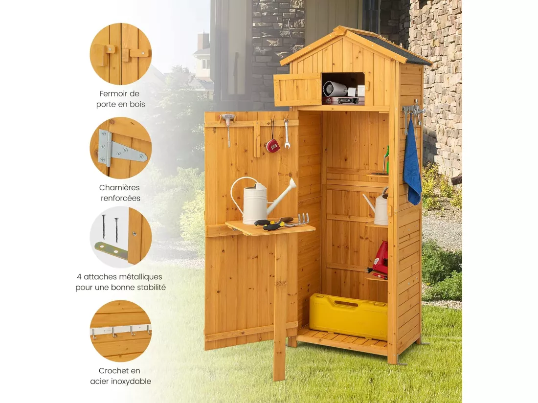 Abri de Jardin Extérieur à 4 Étagères et Table Pliable, Cabane de Rangement Verrouillable en Bois avec Toit Asphalte et 8 Crochets pour Outils, pour Maison, Cour, 75x50x180,5CM