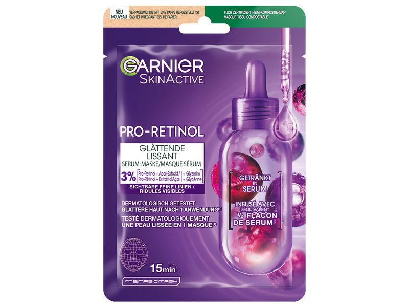Garnier Gesichtsmaske Pro-Retinol glättend 1 Stück Serum-Maske sorgt für feinere Linien und ein glatteres, hydratisiertes, verfeinertes Hautbild