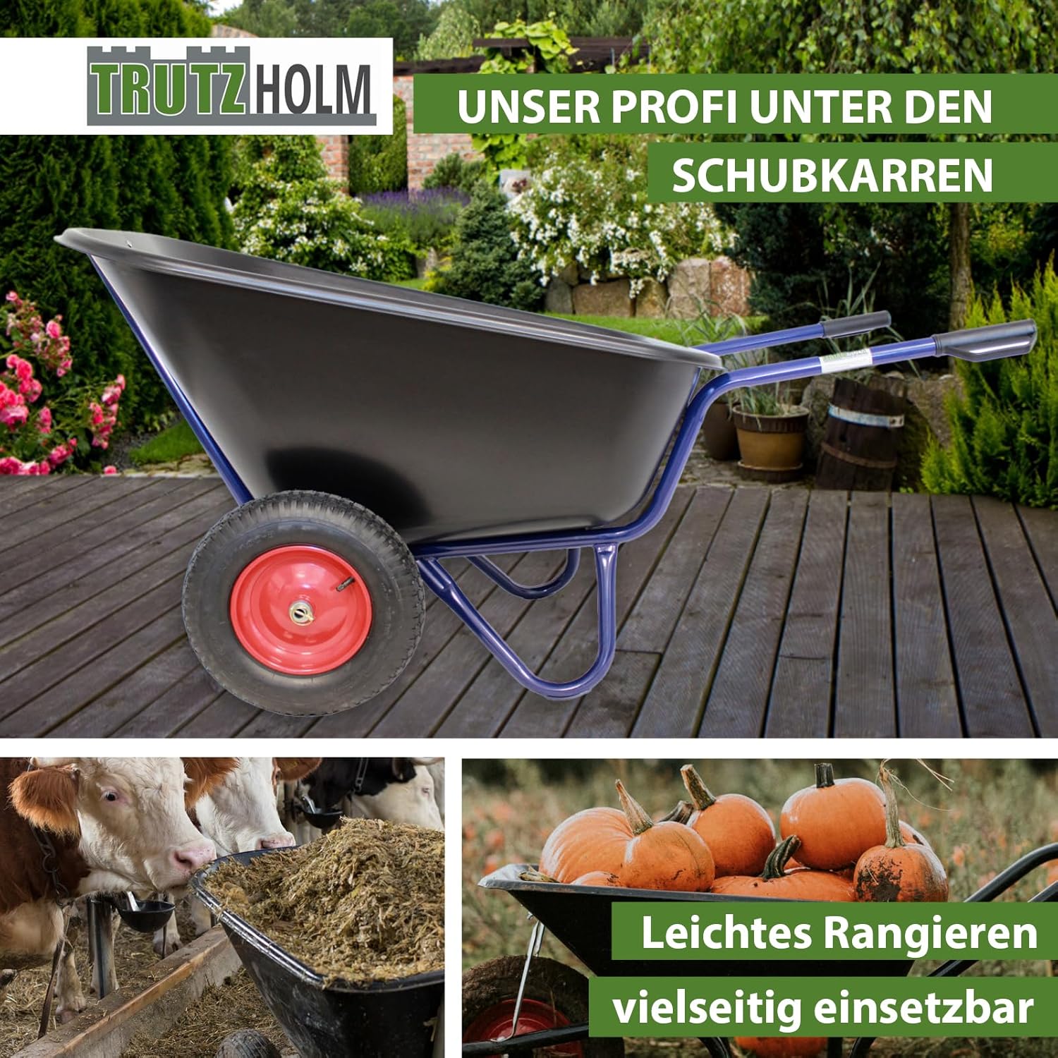 TRUTZHOLM 2-Rad Schubkarre 290 L 300 Kg 156x89 cm Stahlplatte Gartenschubkarre Hofkarre Schiebkarre Futterkarre