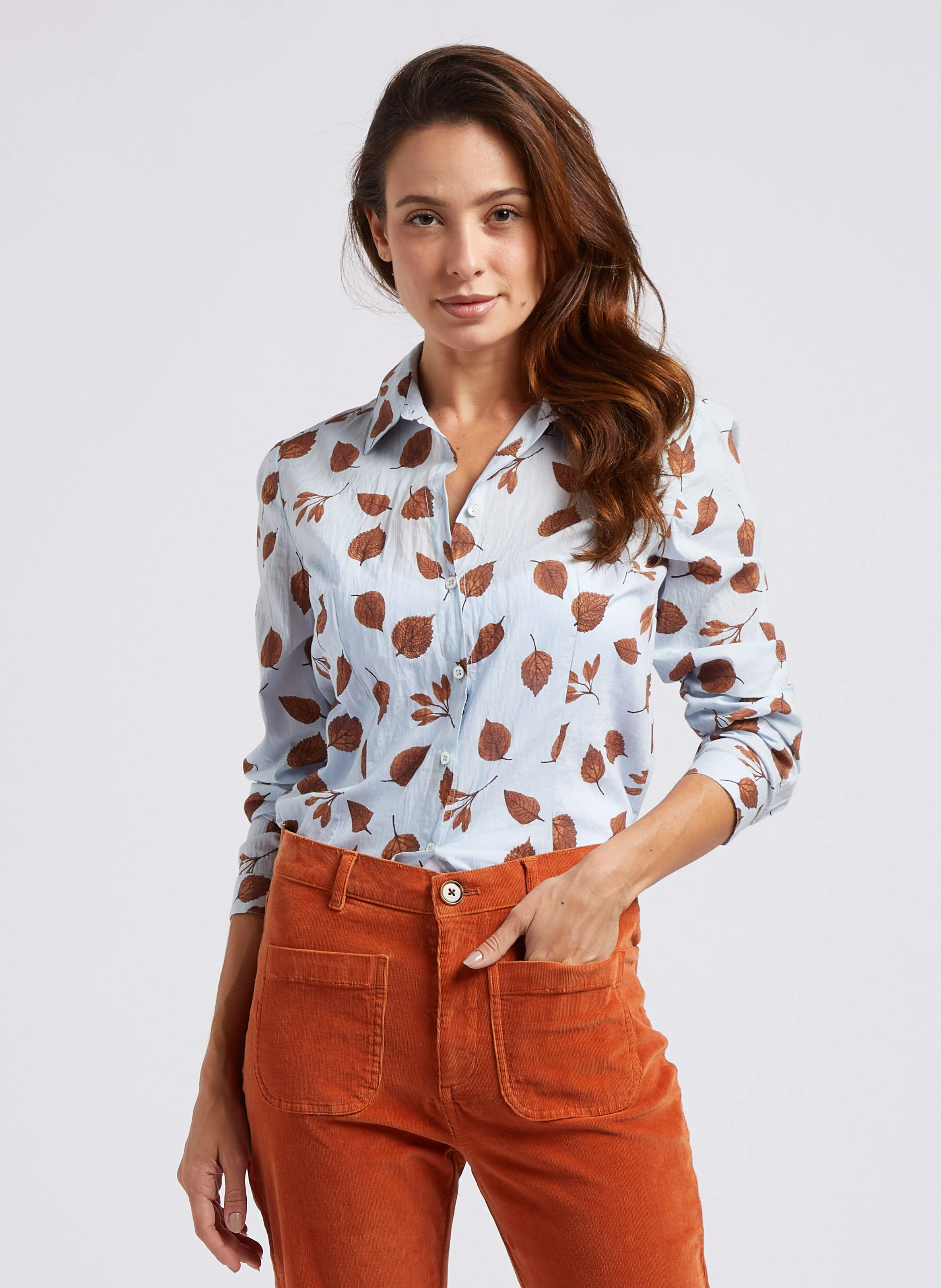 Chemise cintrée col classique en coton | Bleu