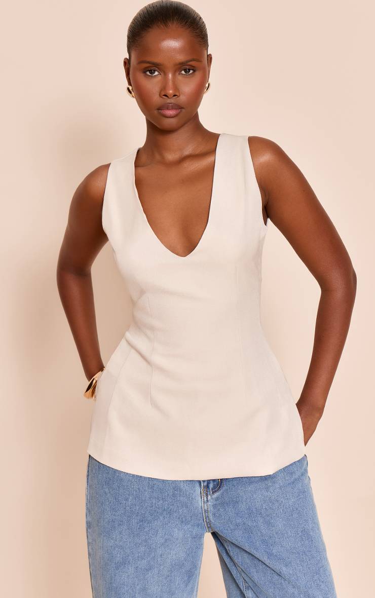 Gris Pierre Top Long Tissé Col V