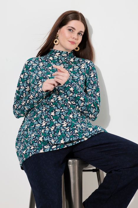 Longshirt, Blüten, Stehkragen, Langarm, Biobaumwolle