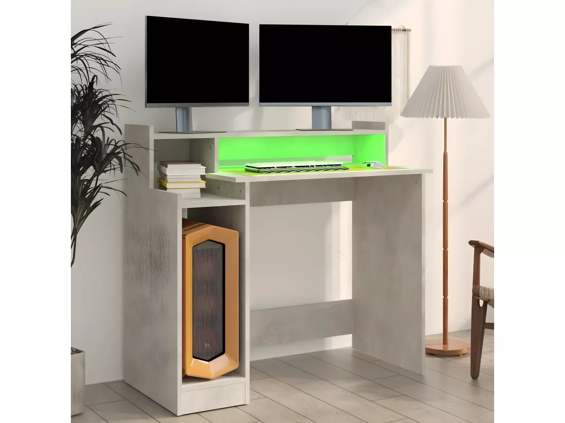 Bureau et lumières LED Gris béton 97x45x90 cm Bois d'ingénierie