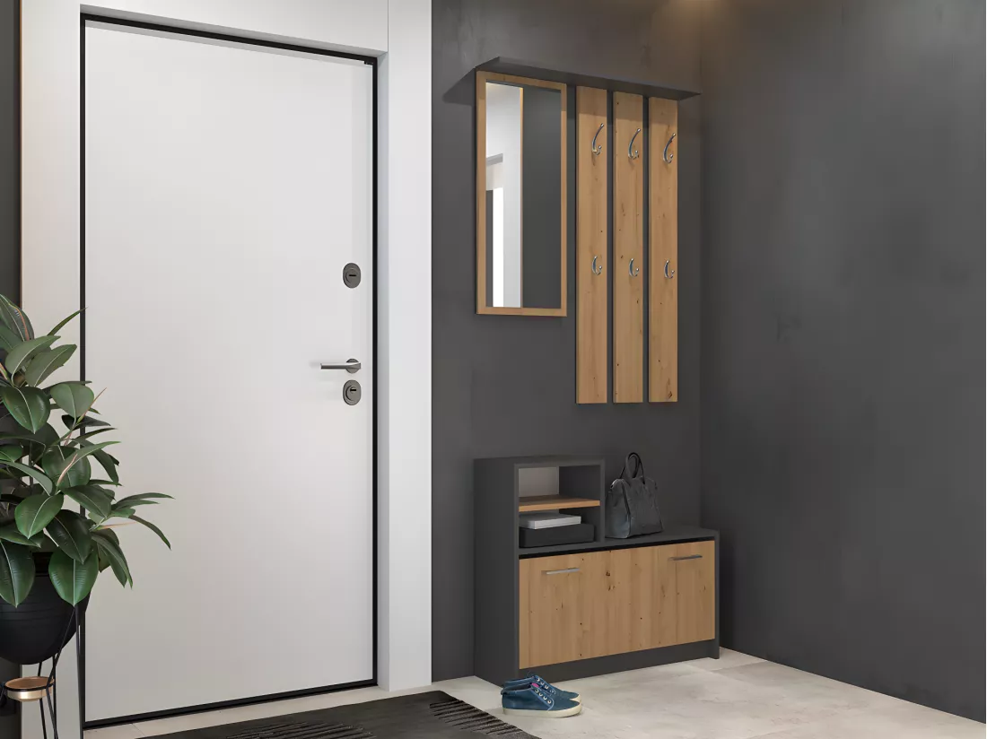 VITTORIA - Vestiaire d'entrée - Patère murale + miroir + rangement chaussures - 180x85x24 - Meuble d'entrée