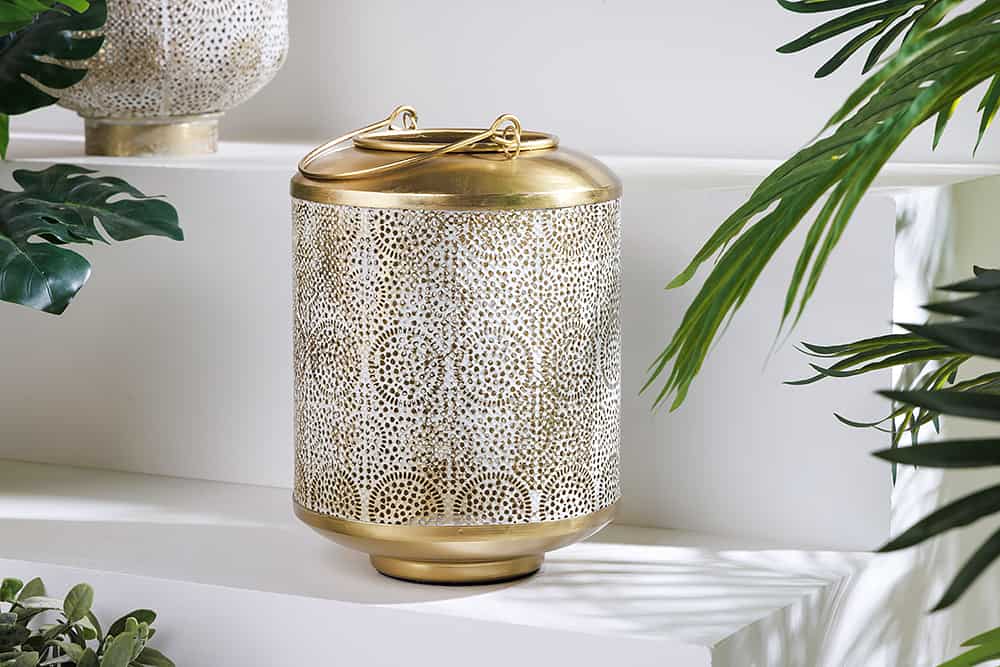 Deko Windlicht ORIENT 25cm gold Metall mit Patina handmade Laterne
