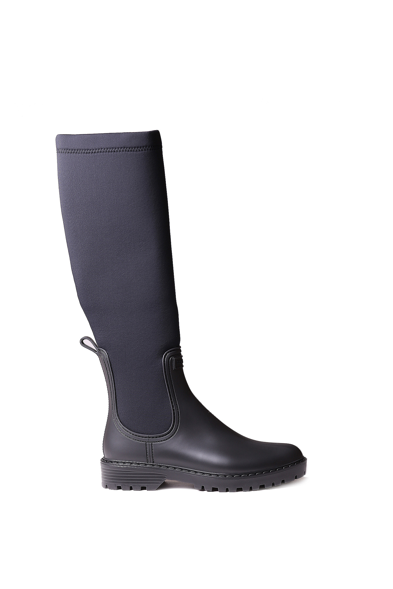 Bota de chuva feminina de cano alto em borracha e lycra.