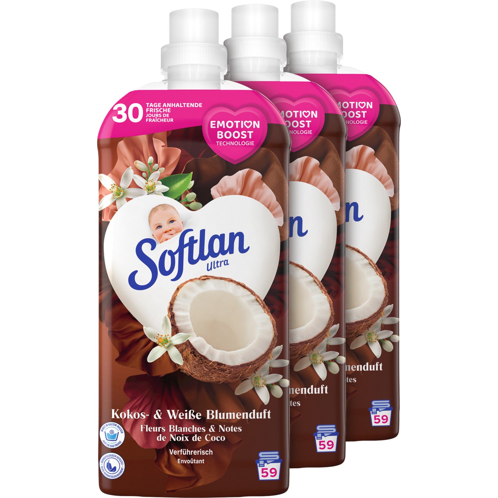 Softlan Kokos und weisse Blumen 3 x 1,3 l