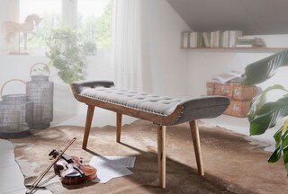 Sitzbank 125 x 51 x 38 cm Textilbezug braun gesteppt/Gestell Mango massiv