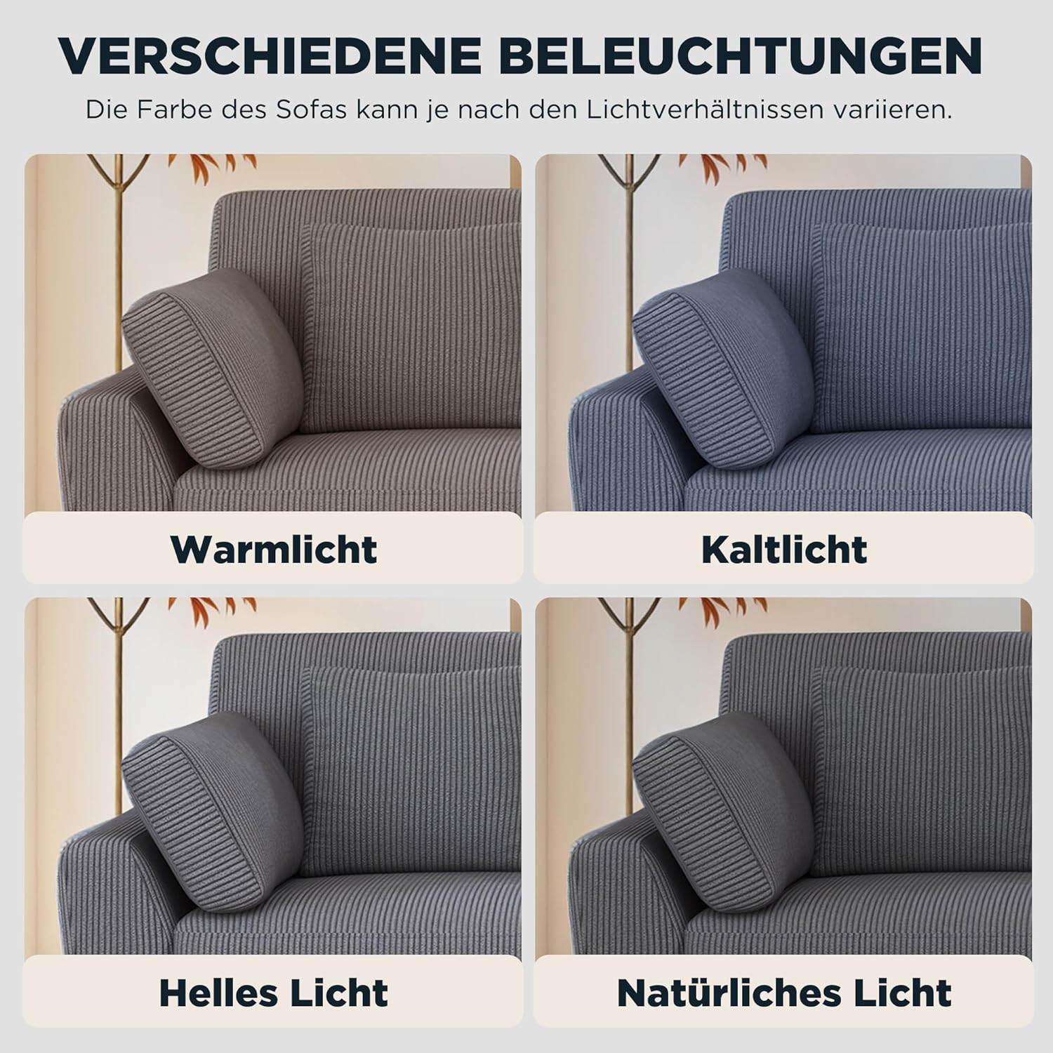220 cm 3-Sitzer Big Sofa aus Cord, modernes Design mit hohen Beinen, ideal für Wohnzimmer oder Schlafzimmer, grau