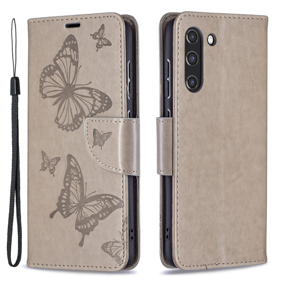 Samsung Galaxy S21 FE 5G Leder Tasche mit Kartenfach   Handschlaufe Schmetterling - Grau
