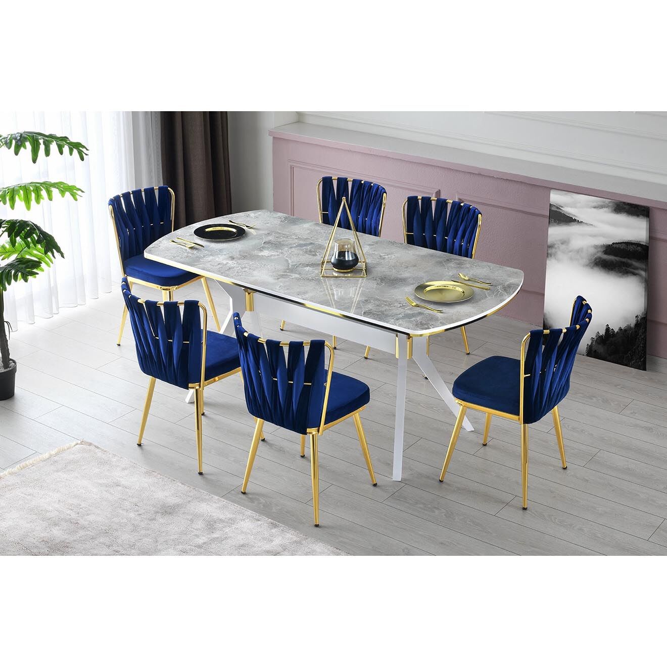 Homitis 2 Chaises Kusakli doré/bleu marine - 43x82x43 cm