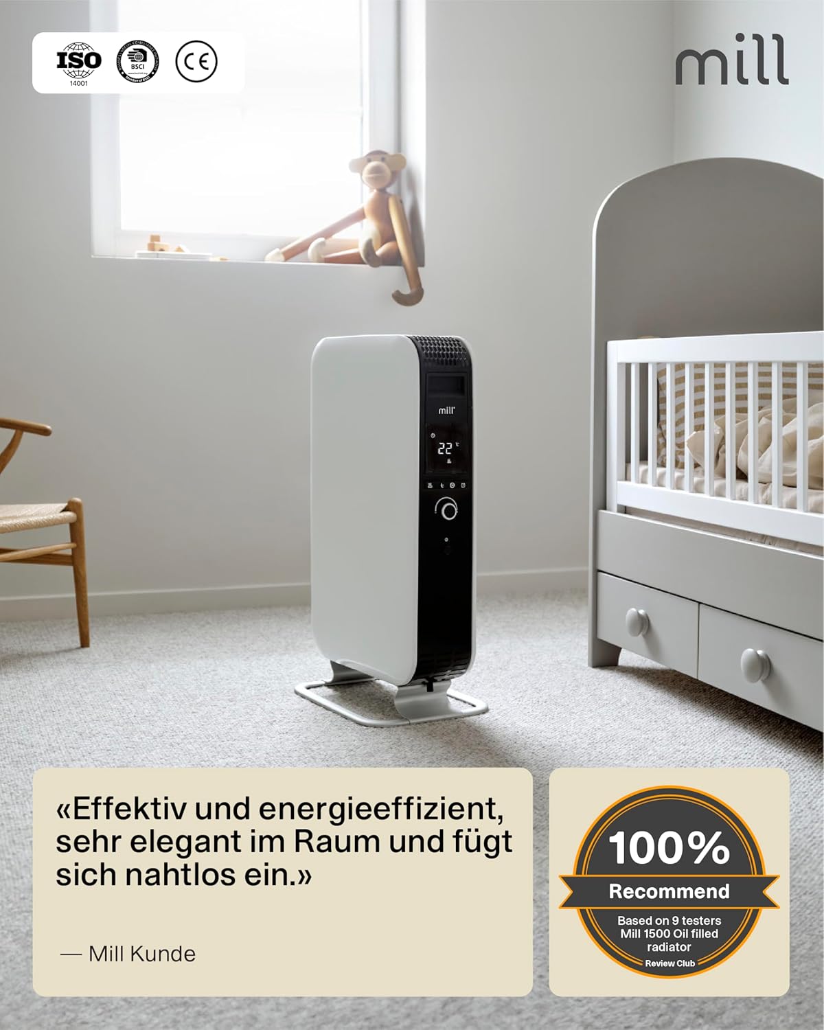 Mill Ölradiator Heizkörper 2000W, elektrische Heizung, bis zu 28m², geräuschlose Elektroheizung energiesparend, sicherer Elektroheizkörper mit Tag-Nacht Programm, Radiator Heizung elektrisch weiß