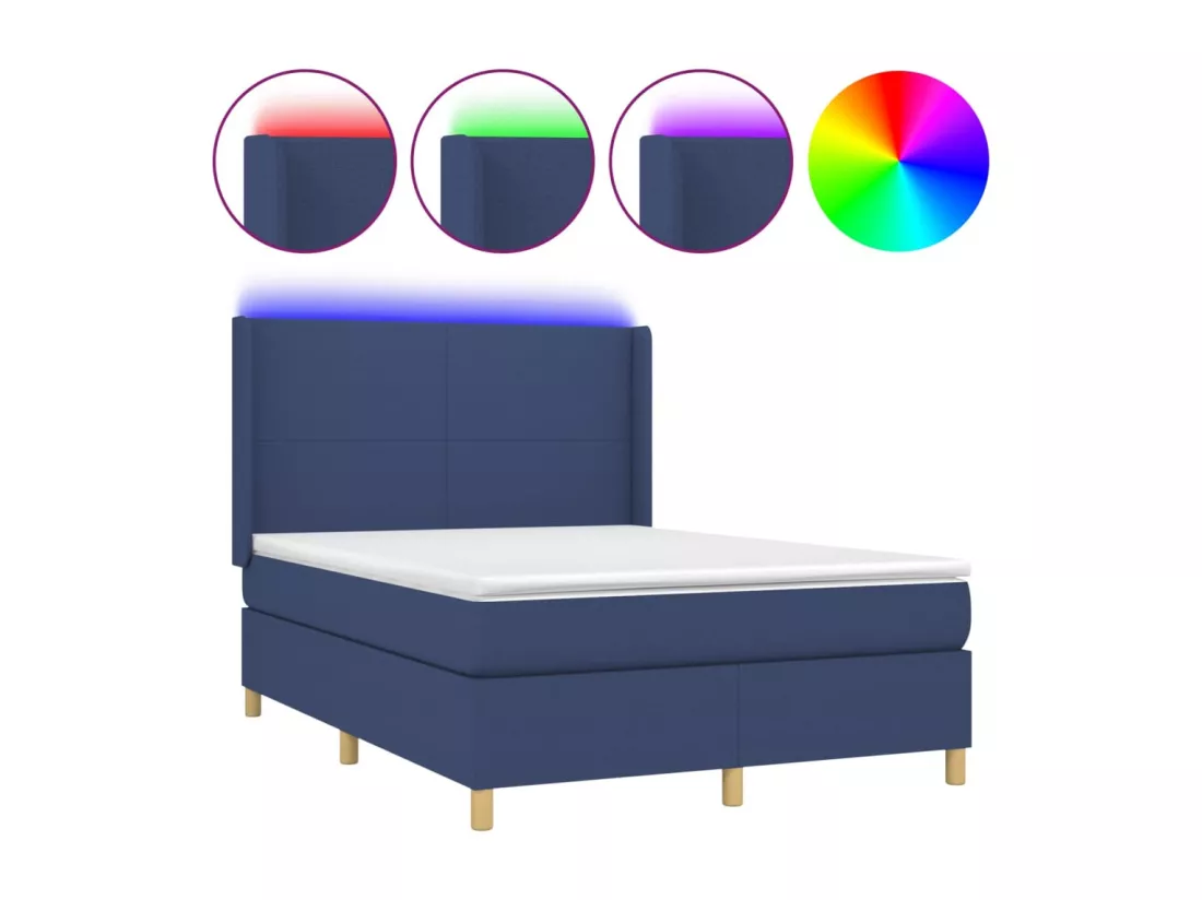 Sommier tapissier avec matelas et LED Bleu 140x190 cm Tissu