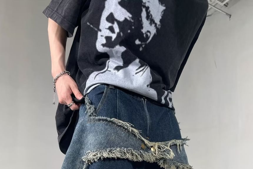 Lingaris - Hoge taille denim shorts met wijde pijpen en versleten look