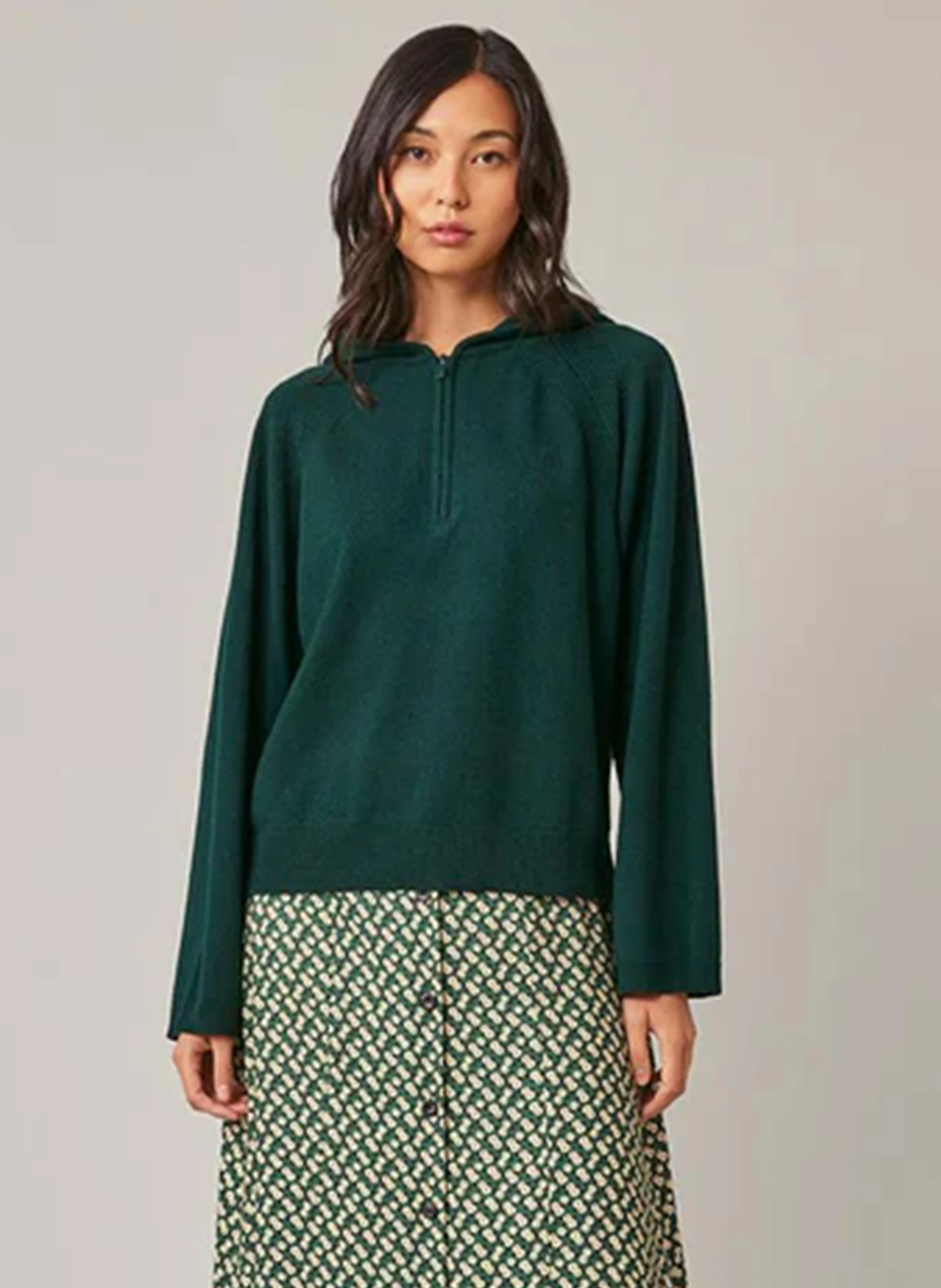 EMILE - Pull à capuche zippé en laine mérinos | Vert