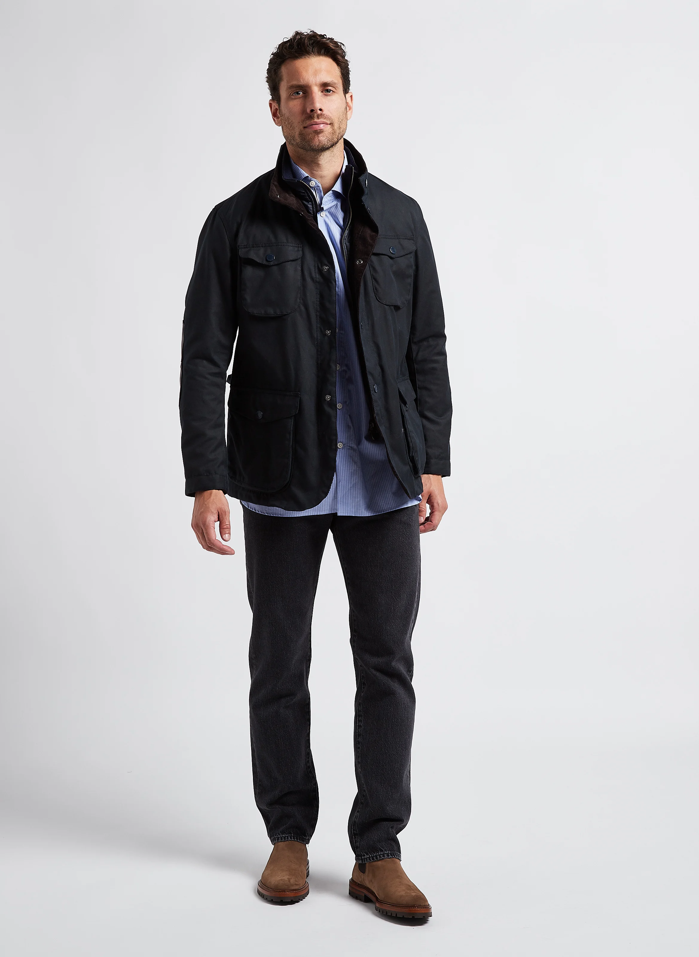Veste col montant en coton ciré| Bleu