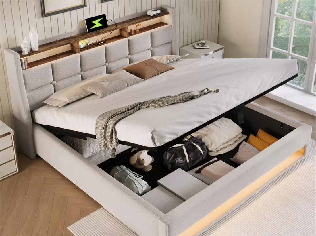 Lit coffre en lin 180x200cm avec LED et ports USB - sommier à lattes - beige