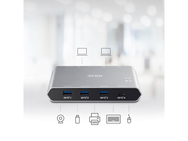 Aten US3342 Sharing Switch 2-Port USB-C Gen 2 Sharing Switch mit Stromdurchgang