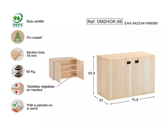 Armoire en pin brut 2 portes 3 tablettes Dinamic