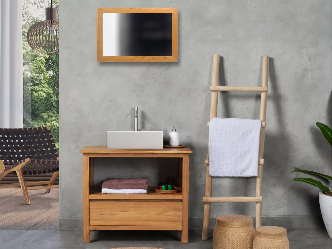 Meuble de salle de bain en teck avec simple vasque et miroir - 90 cm - KETAPANG