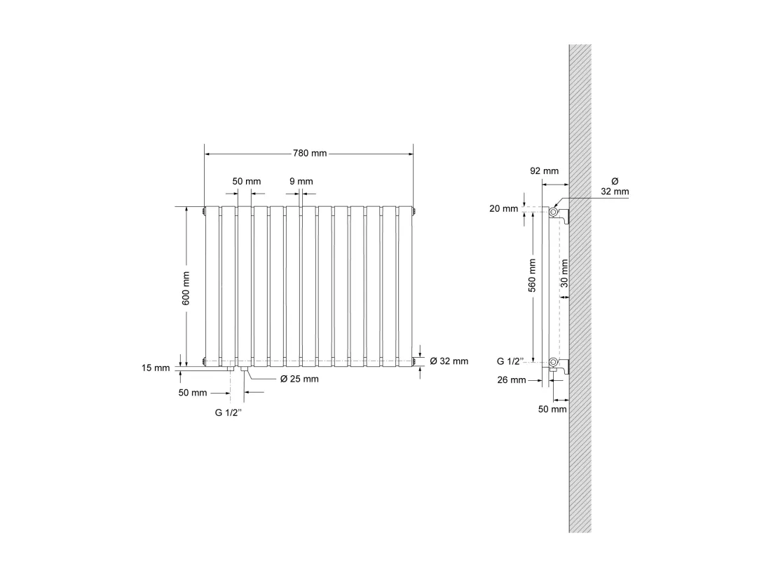 Radiateur Oval Tube Simple couche Radiateur design raccordement à gauche 780x600 mm