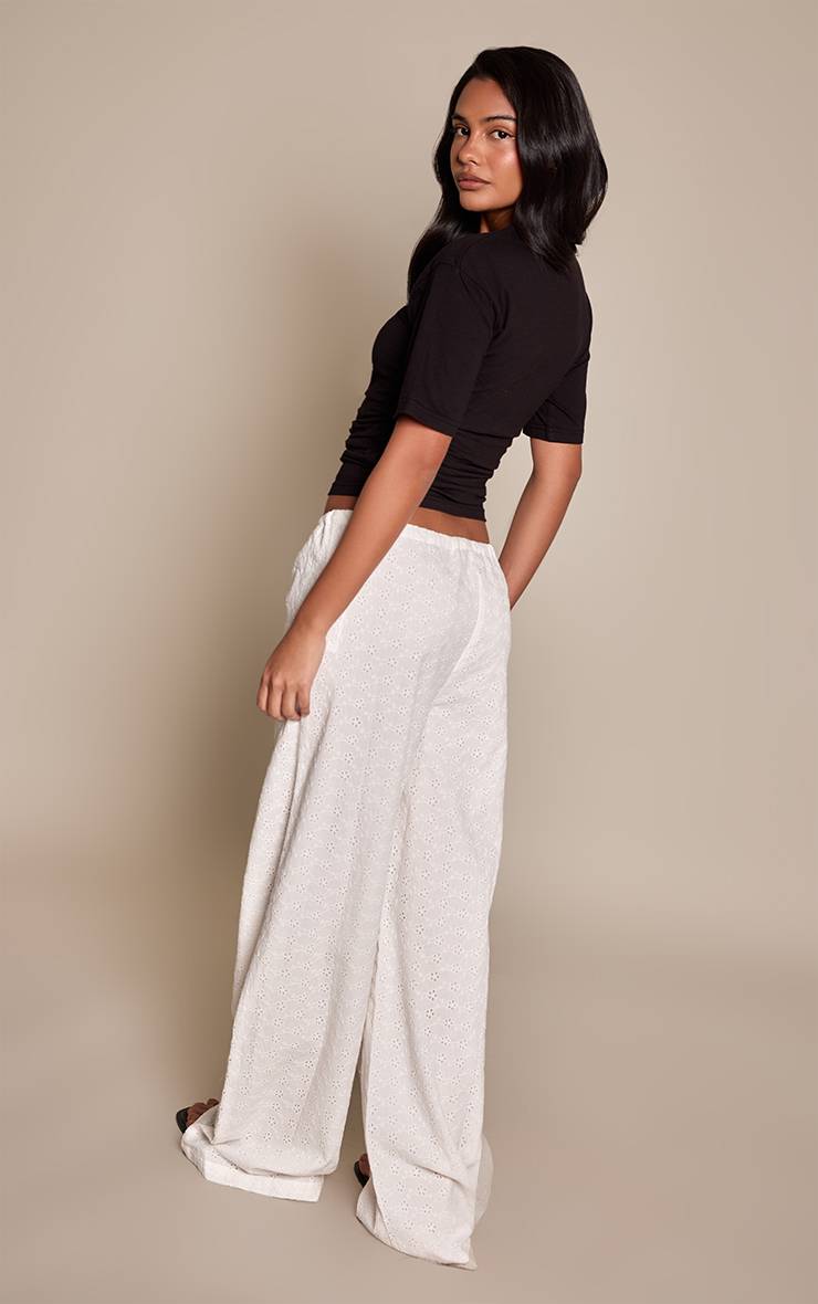 Blanc Pantalon Large Taille Basse À Cordon Avec Broderie Anglaise