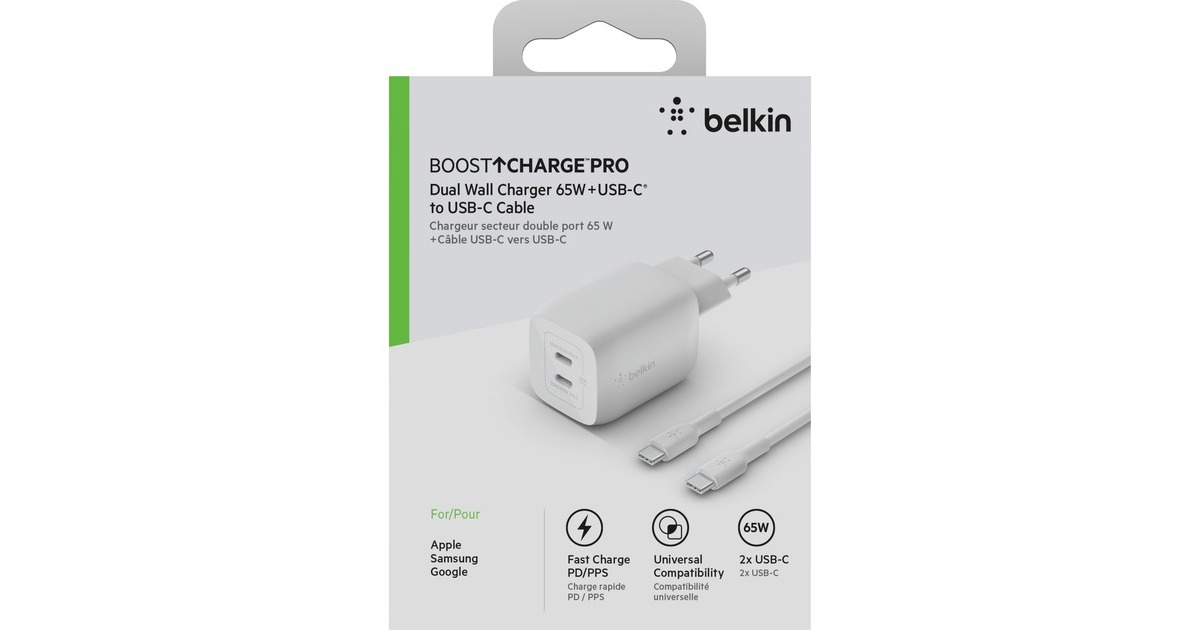 BelkinBoostCharge Pro 2-poorts USB-C GaN-wandlader met PPS (65 W) + USB-C/USB-C-kabel  (Wit)