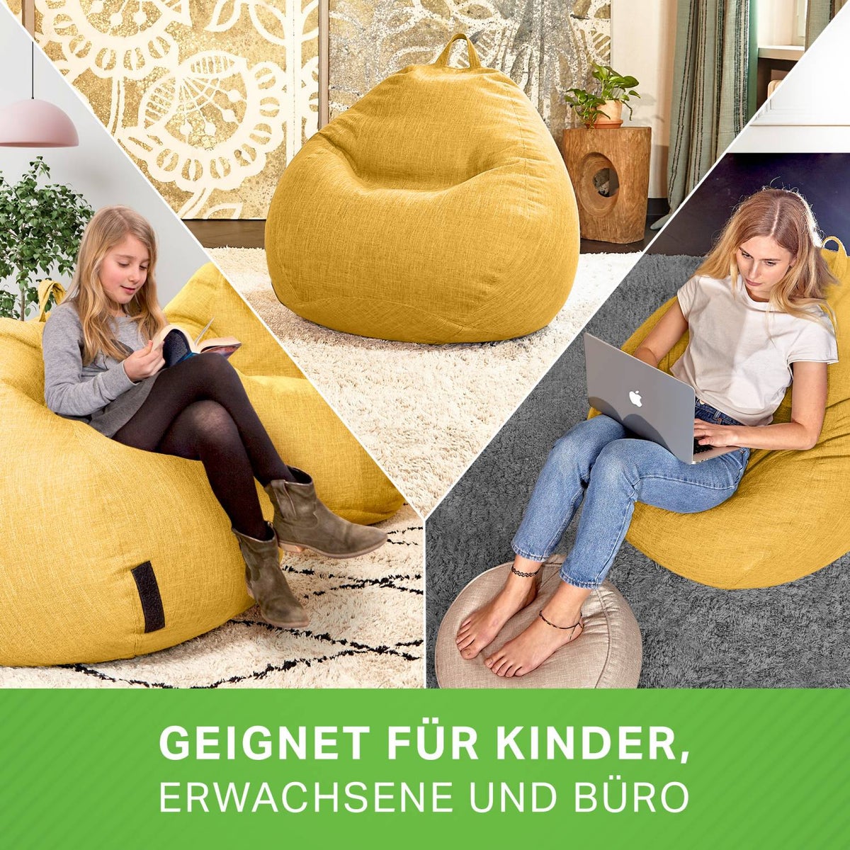 Green Bean Indoor zitzak met 200 liter EPS-korrelvulling, knuffelzacht, wasbaar - Stoffen vloerkussen, ligstoel, zitkussen, loungestoel - Geel