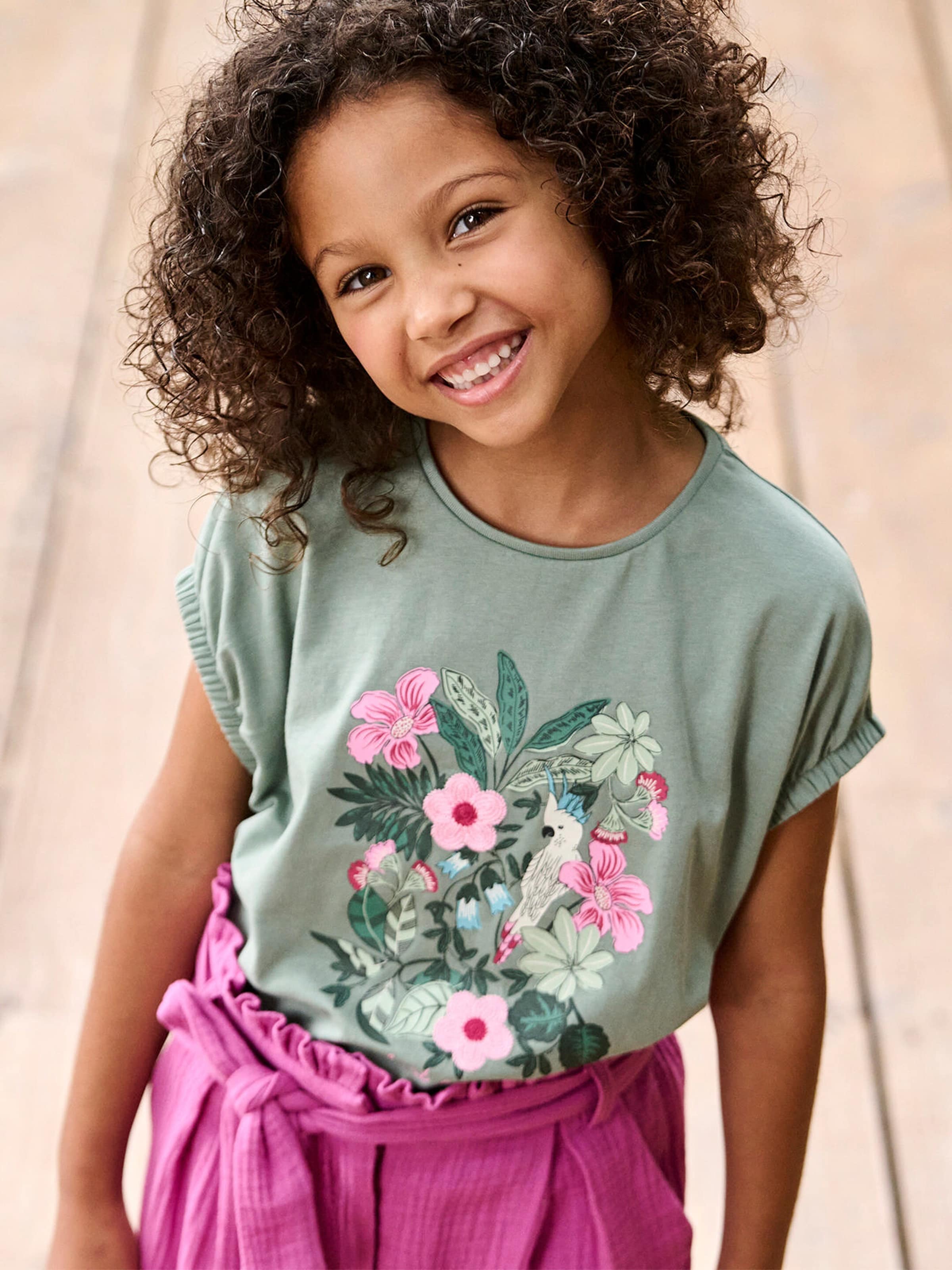 Vertbaudet Mädchen T-Shirt mit Blumenstickerei salbeigrün