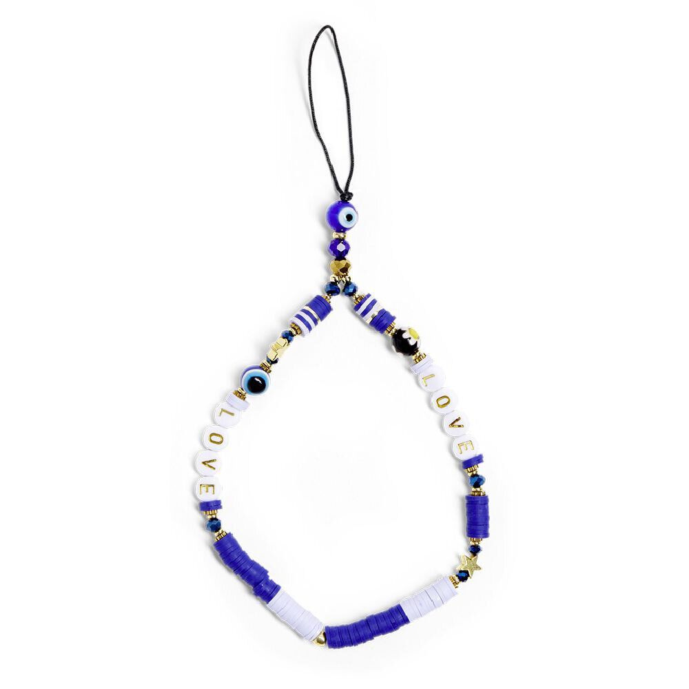 Bijou de téléphone perles doré blanc bleu L17cm