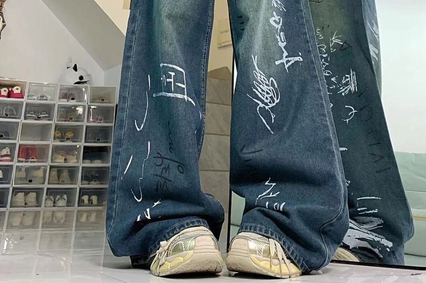Bay Go Mall - High Rise Print Wijde Pijpen Jeans