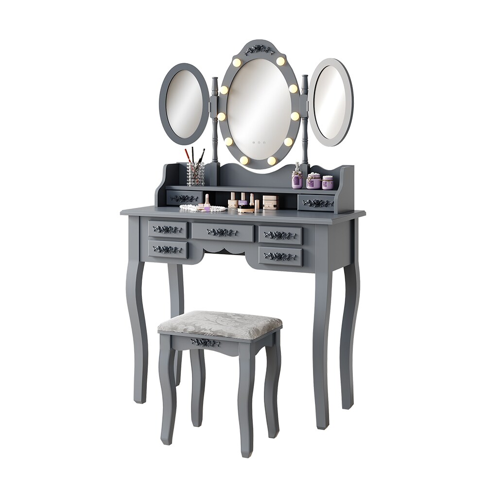 Vicco Schminktisch Diana Grau 90 cm mit Beleuchtung und Hocker
