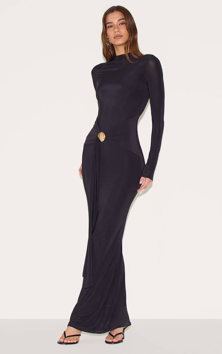 Noir Robe Maxi En Tissu Fluide Avec Ceinture Détaillée