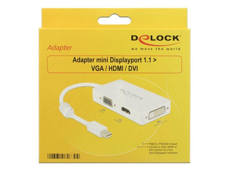 Delock Multiadapter Mini-DisplayPort - DVI-D/HDMI/VGA Mini Displayport 1.1 Stecker zu VGA/HDMI/DVI-Buchse, passiv, weiss