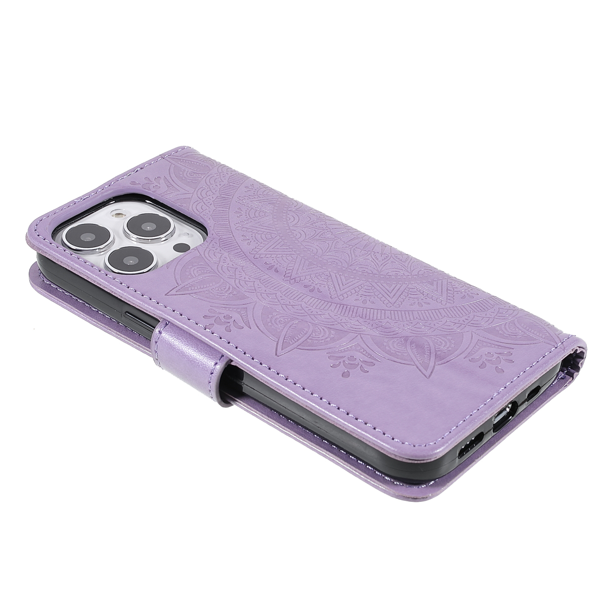 iPhone 13 Pro Leder Tasche Wallet - Mandala Flowers Imprint - Lila