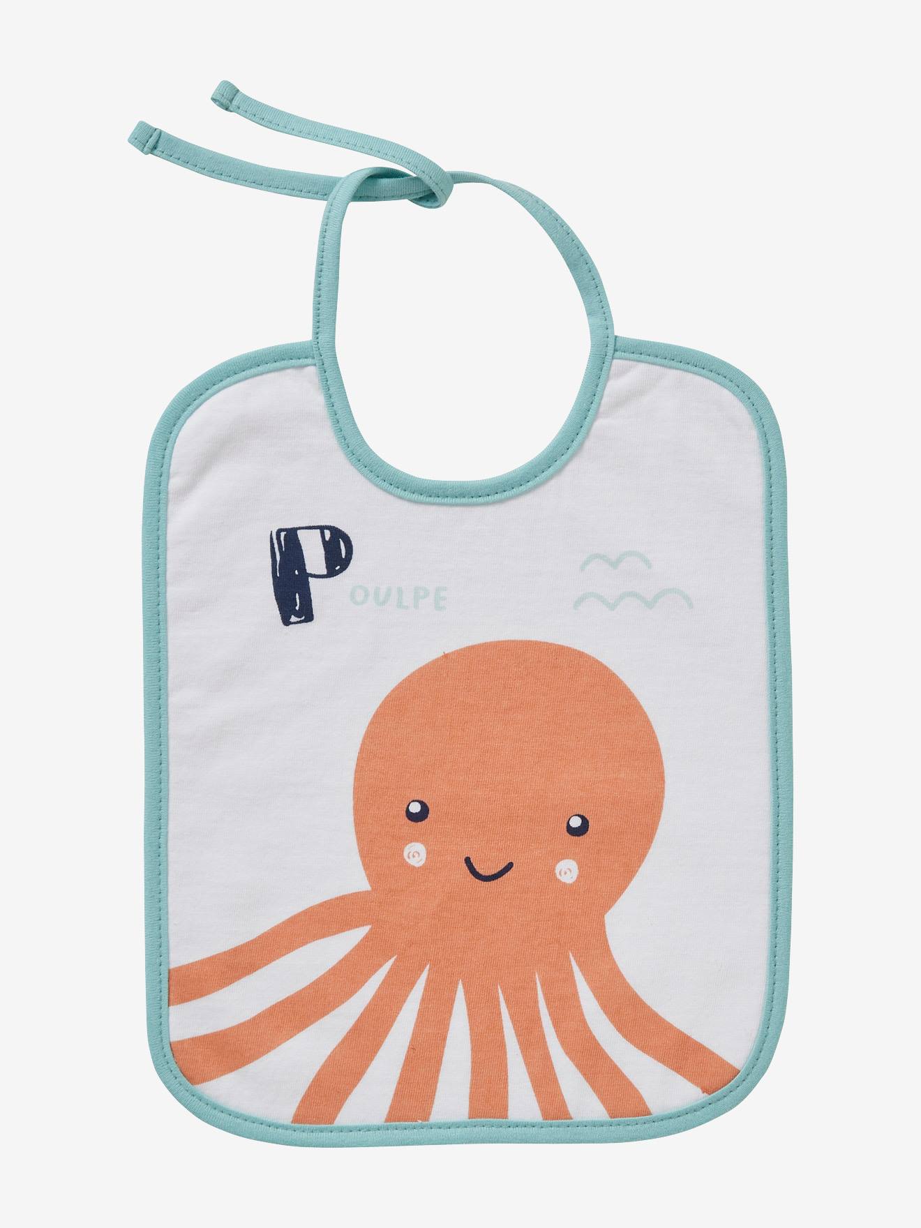 Conjunto de 7 babadores VERTBAUDET para bebês com animais marinhos, lisos, brancos com estampas.