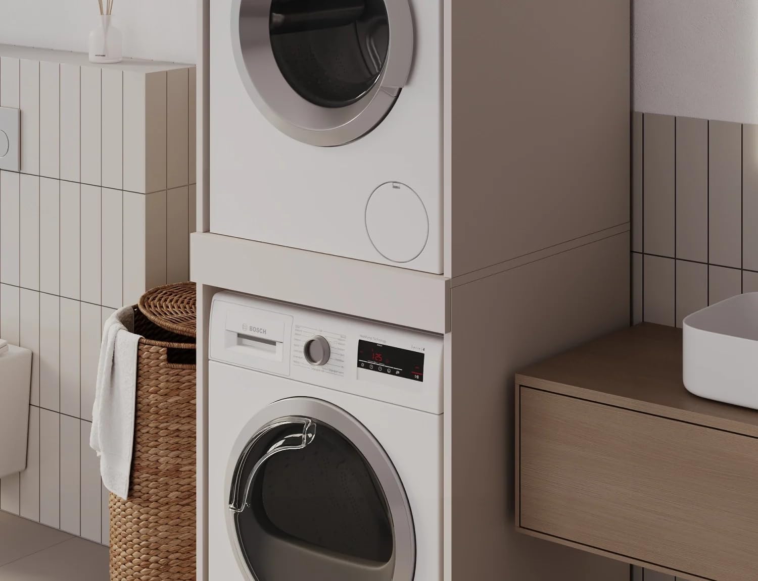 PLATAN ROOM Waschmaschine Trockner Schrank mit Ausziehbrett • Waschmaschinenschrank für Waschmaschine & Wäschetrockner • Überbauschrank 187 x 65 x 66 cm (Weiß)