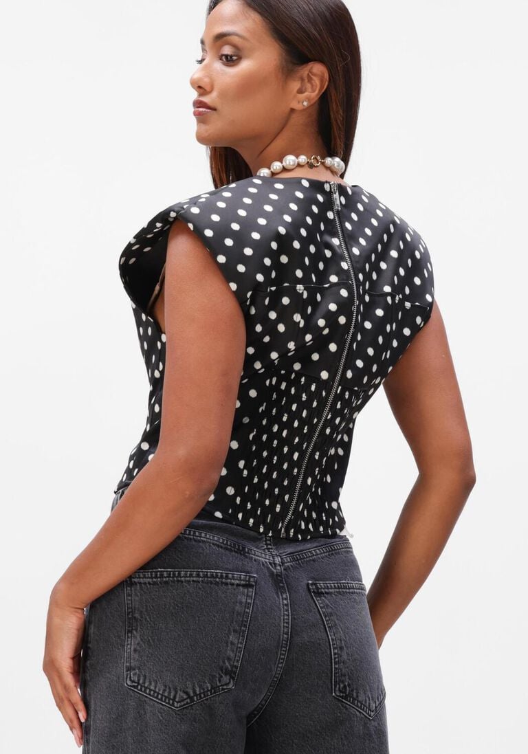 zwarte ganni top printed double satin corset top