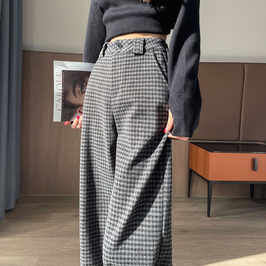 Jaqmine - Hoge taille geruite cropped wijde broek