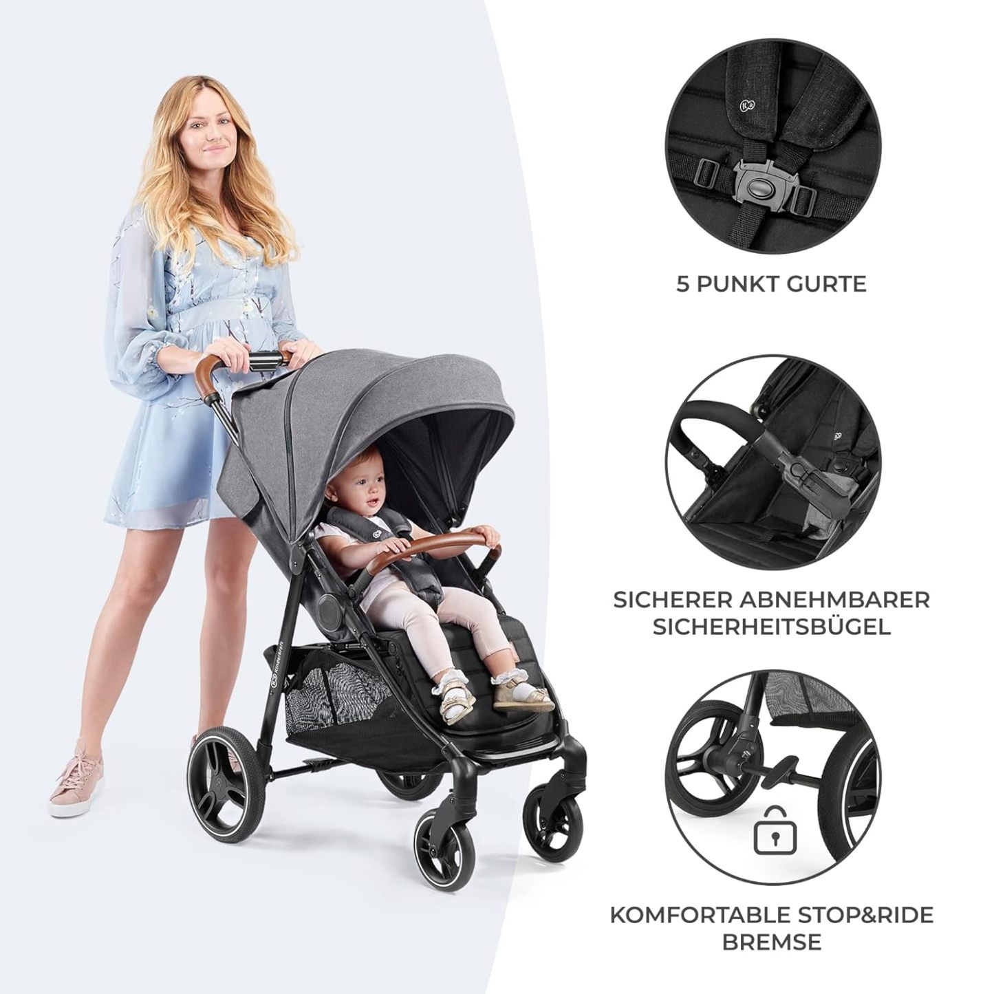 Kinderkraft GRANDE PLUS Kinderkraft buggy von Geburt bis 22 kg, Zusammenklappen mit einer Hand, Liegeposition, großes Verdeck mit Fenster, alle 4 Räder gedämpft, geräumige Sitz, Grau