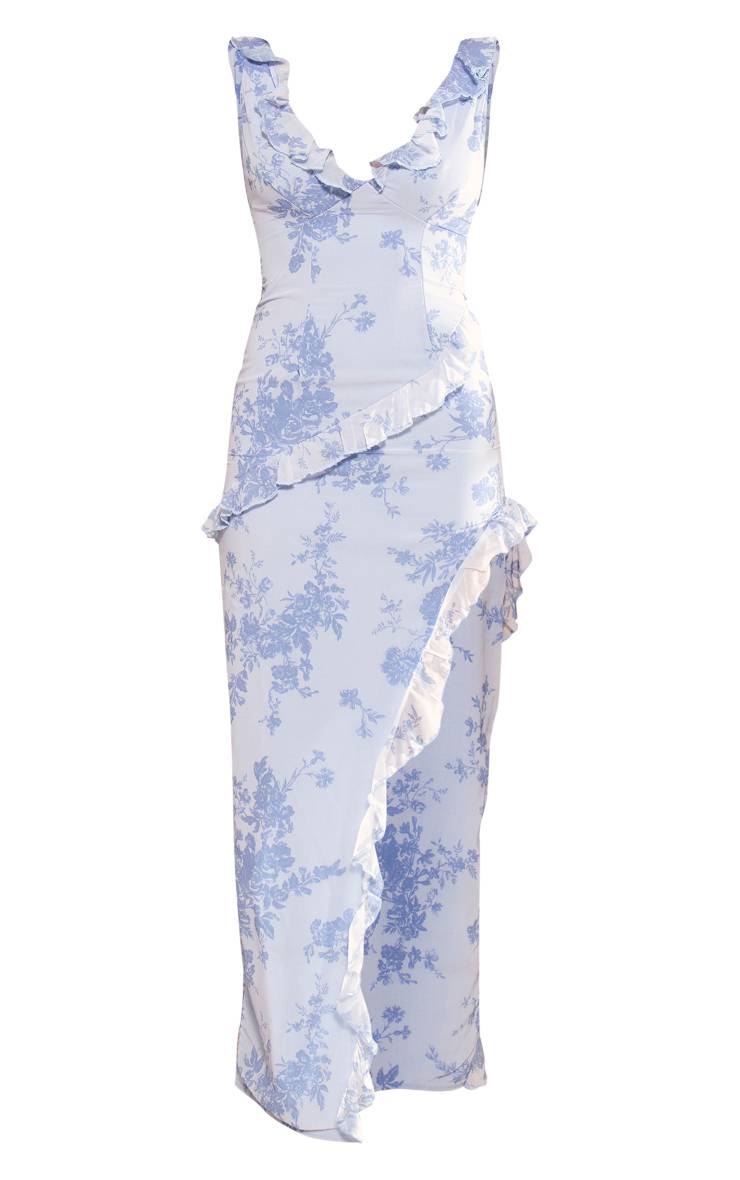 Bleu Robe Maxi À Fleurs Asymétrique Avec Volants Et Fente