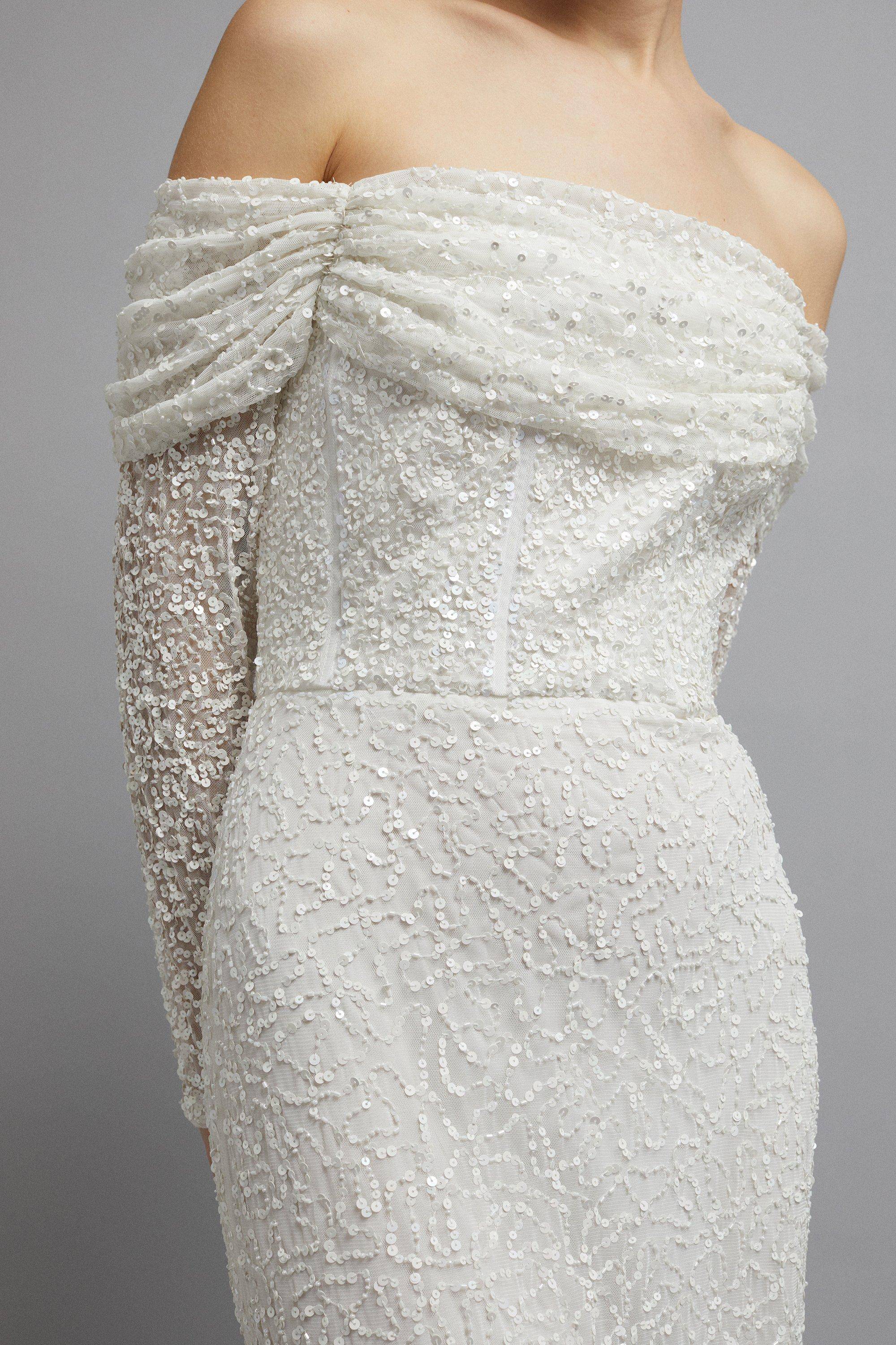 Coast Robe de Mariée Maxi Coast Honoured à Sequins Drapée Bardot Manches Longues