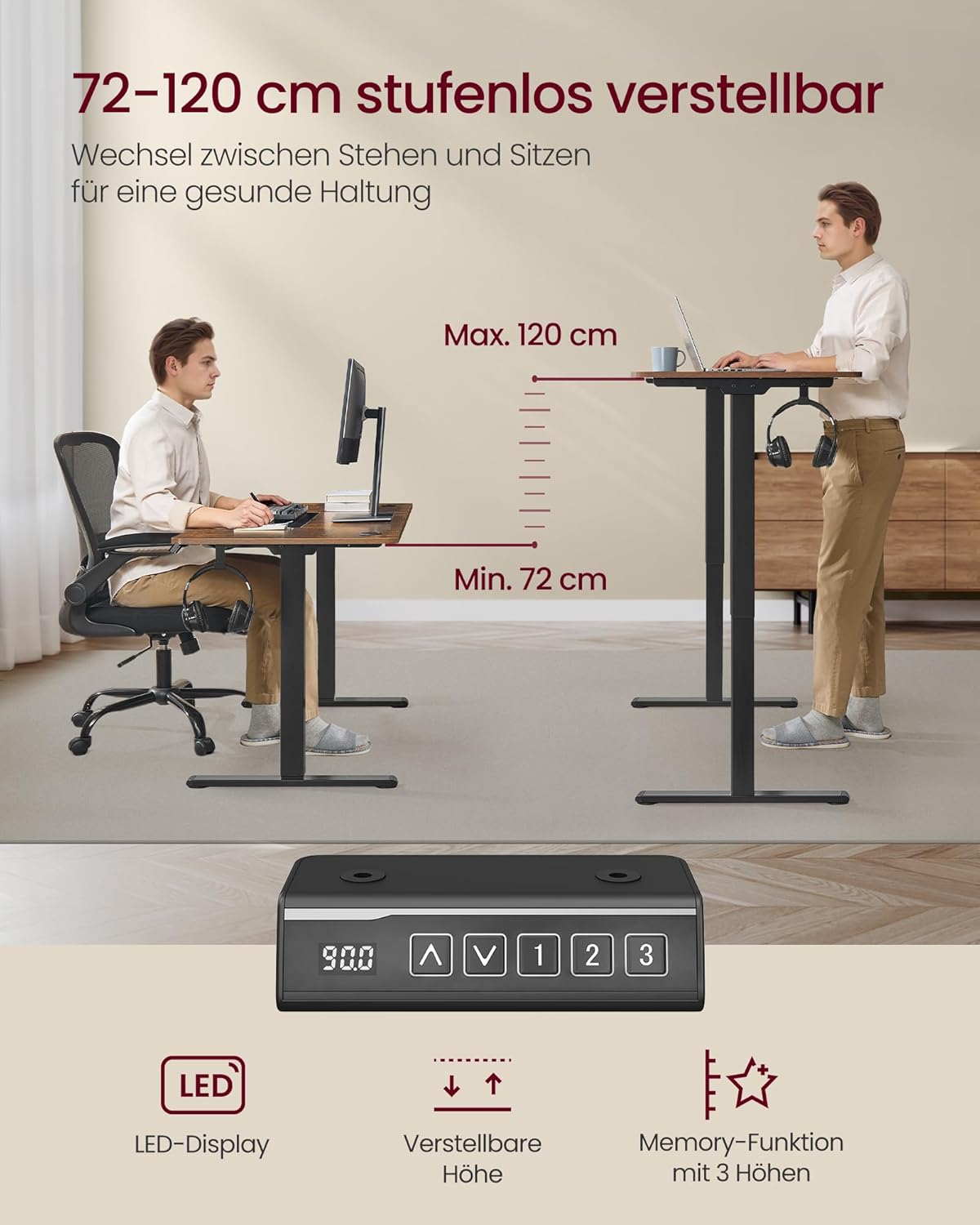 VASAGLE Höhenverstellbarer Schreibtisch elektrisch, 2er Set, Tischgestell, Schreibtischständer, ohne Tischplatte, mit 2 Haken, Memory-Funktion mit 3 Höhen, Stahl, tintenschwarz LSD021B01V2-2J