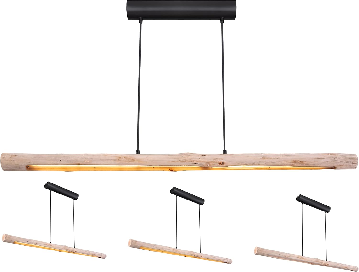 INNOVATE LED Pendelleuchte Holz 3 Stufen dimmbar ohne Dimmer – 120cm breite Hängelampe Holzbalken Rustikal - 3000K warmweiß Pendellampe Alu schwarz – 3 Step Dim Retro Hängeleuchte