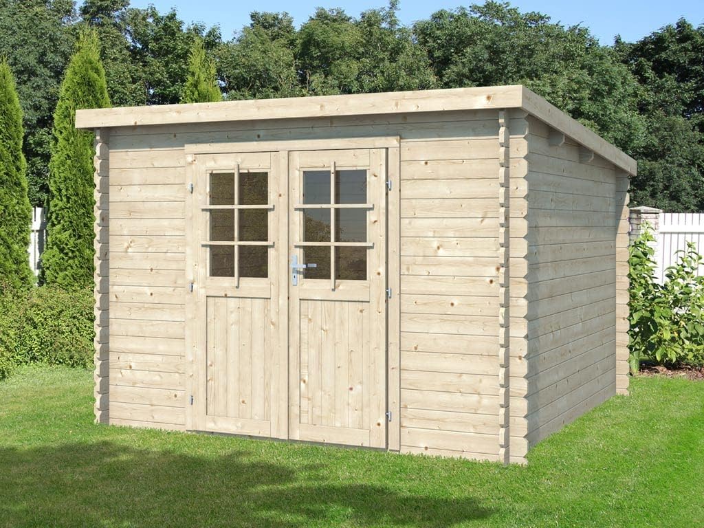 Holz Gartenhaus Blockbohlenhaus CA2975 | Wandstärke 28 mm | Naturbelassen | B x T x H: 298 x 309 x 203 cm | Doppeltür Mit Echtglas